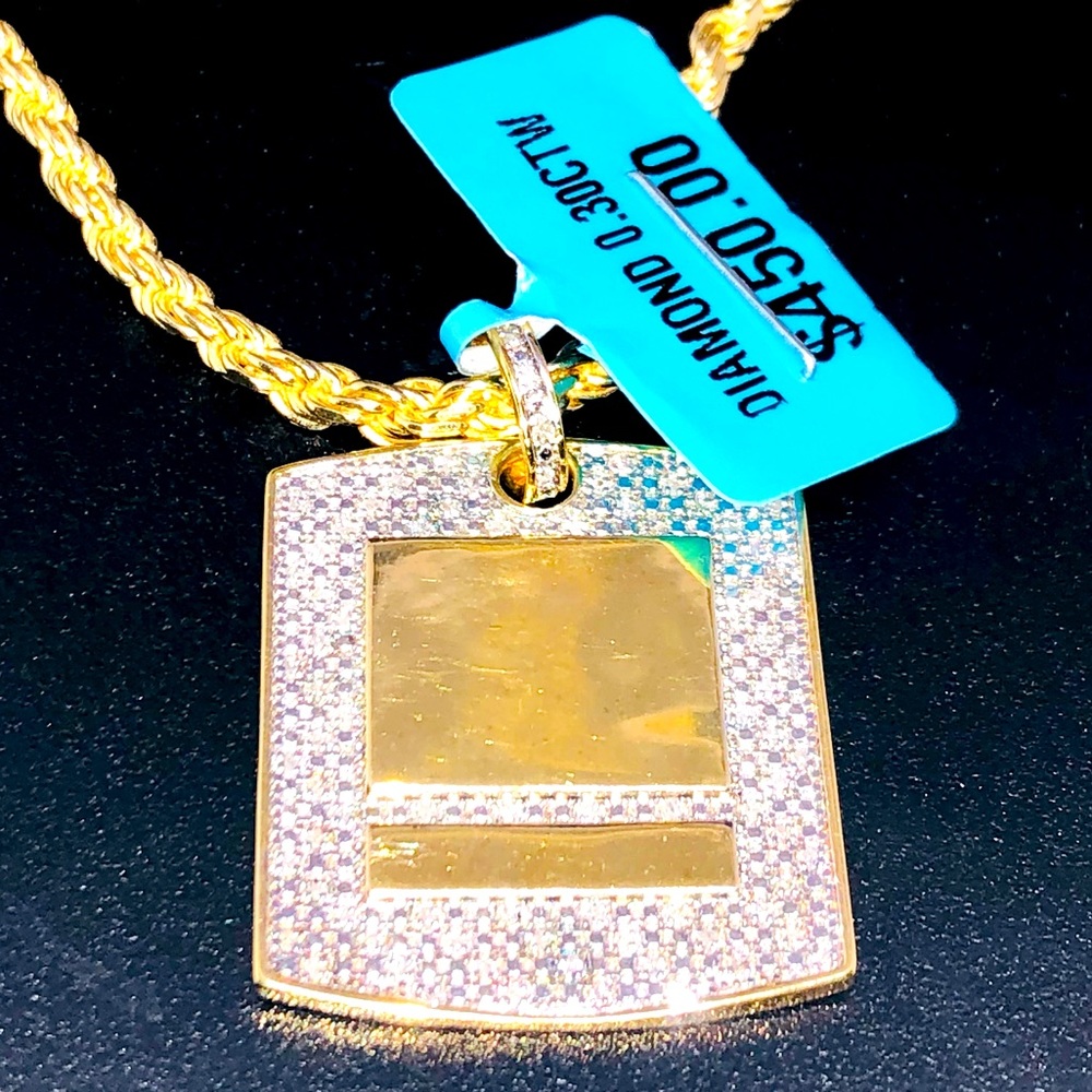 Real Diamond Dog Tag Pendant, !4k Yellow Gold Vermeil, FREE APPRAISAL, Military - Picture 1 of 5